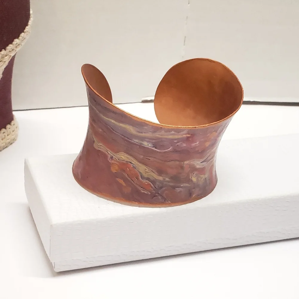 Hand Painted Acrylic Pour Pink Purple & Copper Metallic Swirl Cuff Bracelet